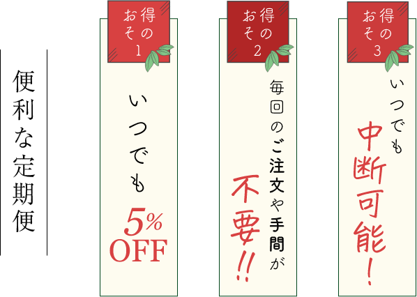 便利な定期便。いつでも10%off。毎回のご注文や手間が不要。いつでも中断可能